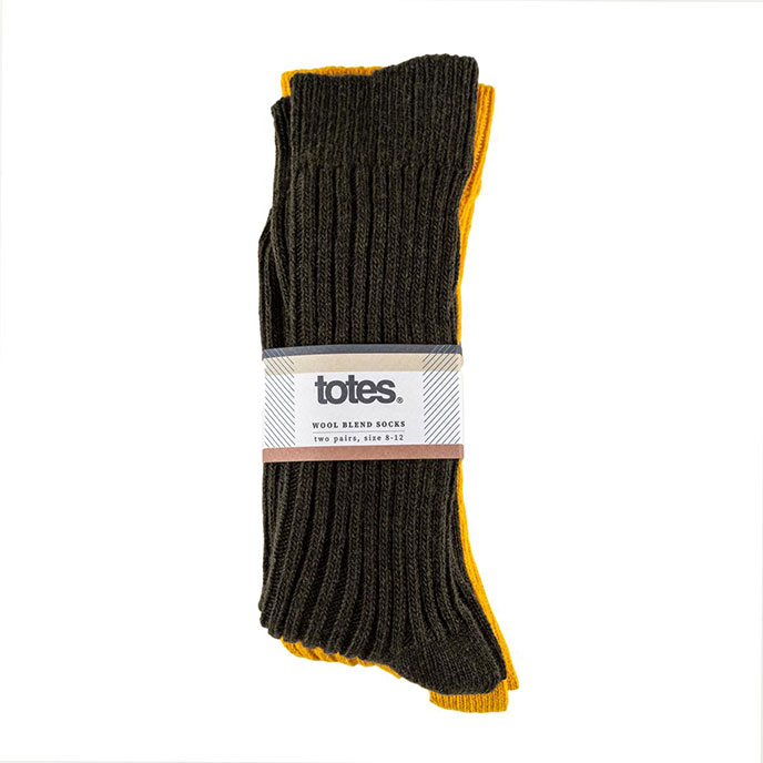 totes Mens Twin Pack Ribbed Wool Blend Socks Mustard / Green Extra Image 1